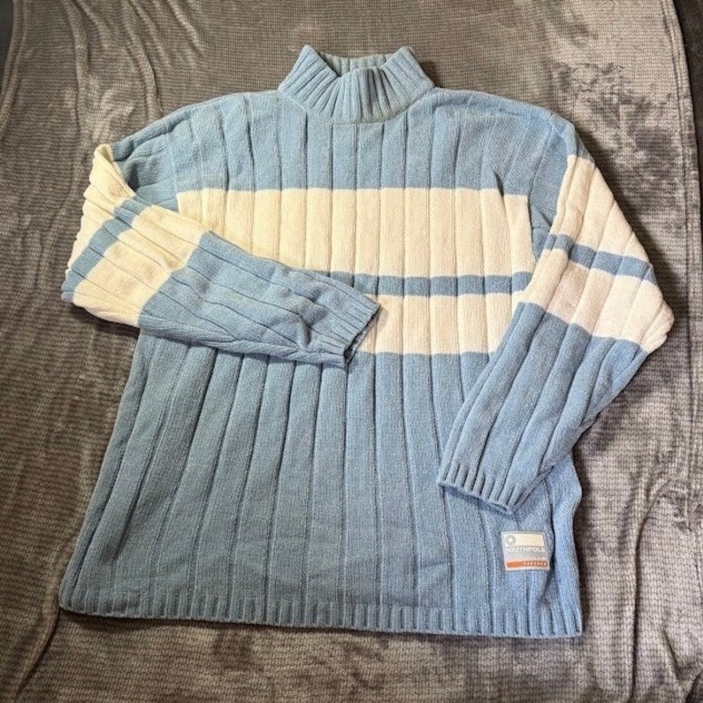 Southpole Mens Chenille Ribbed Sweater Blue Cream Striped Y2K Mock Neck Large